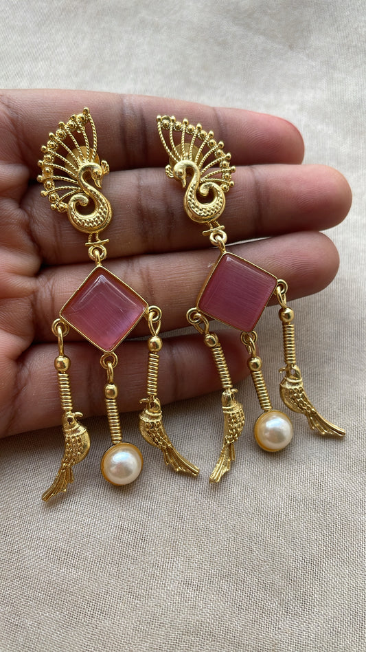 Pink Peacock and Parrot earring