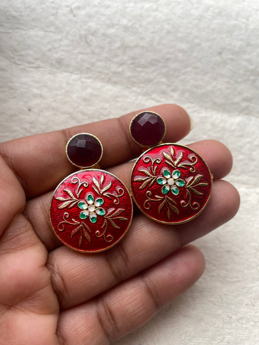 Red Meenakari painted circle stud
